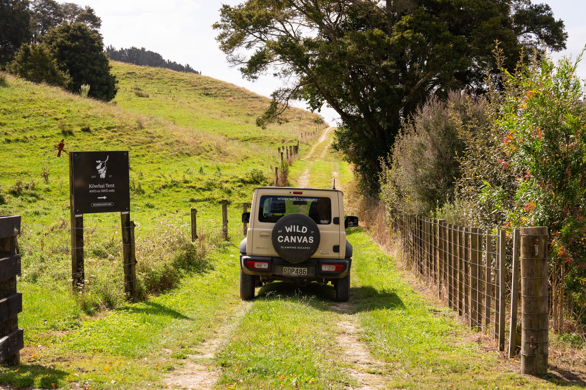 Suzuki Jimny on the 4WD track to Kōwhai Tent Wild Canvas Waitomo