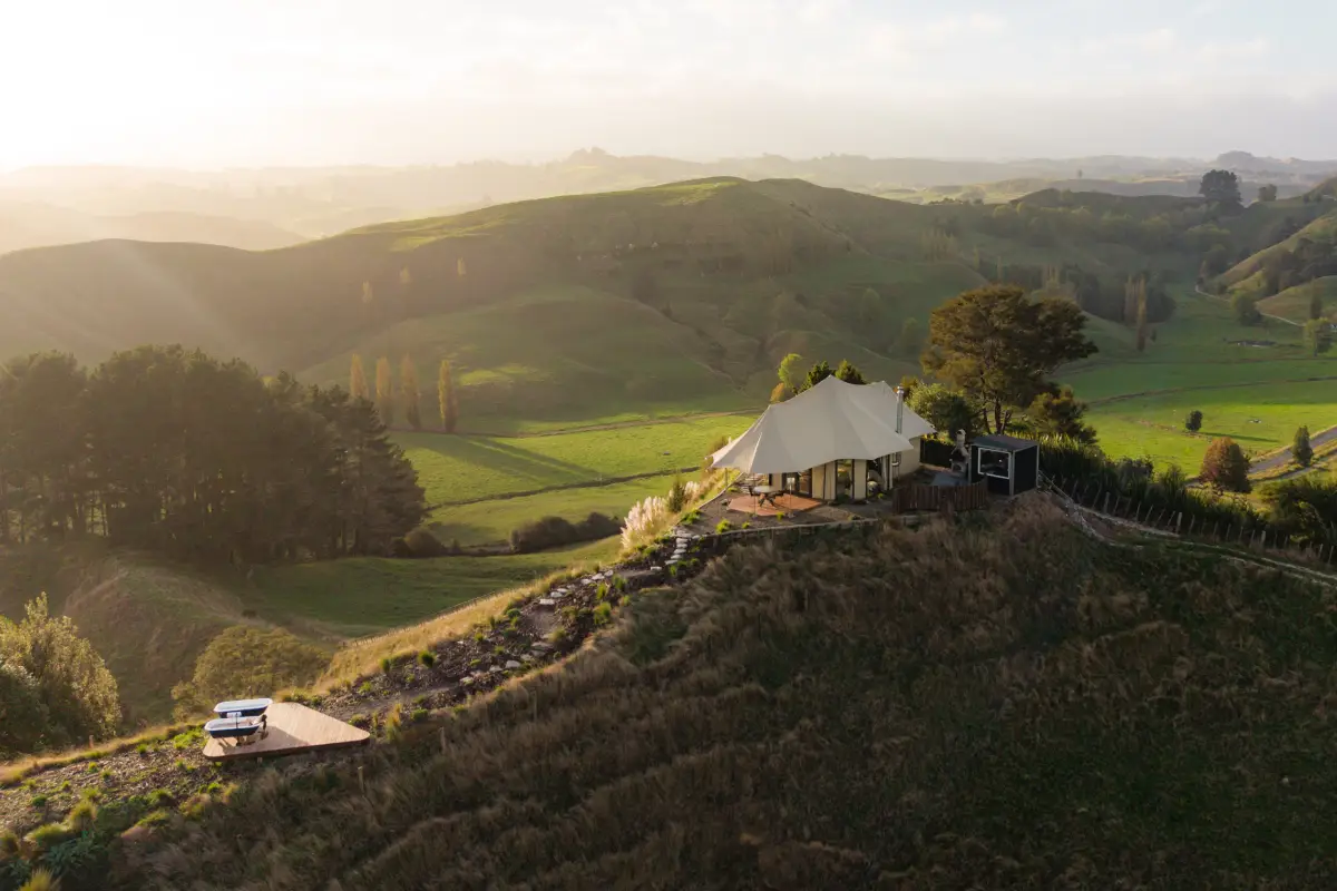 Kōwhai Tent aerial baths at sunset