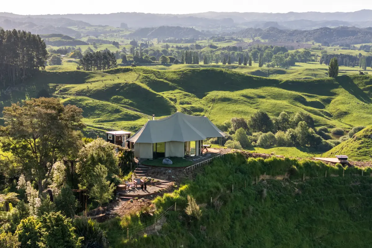 Kōwhai Tent hilltop views Waitomo New Zealand