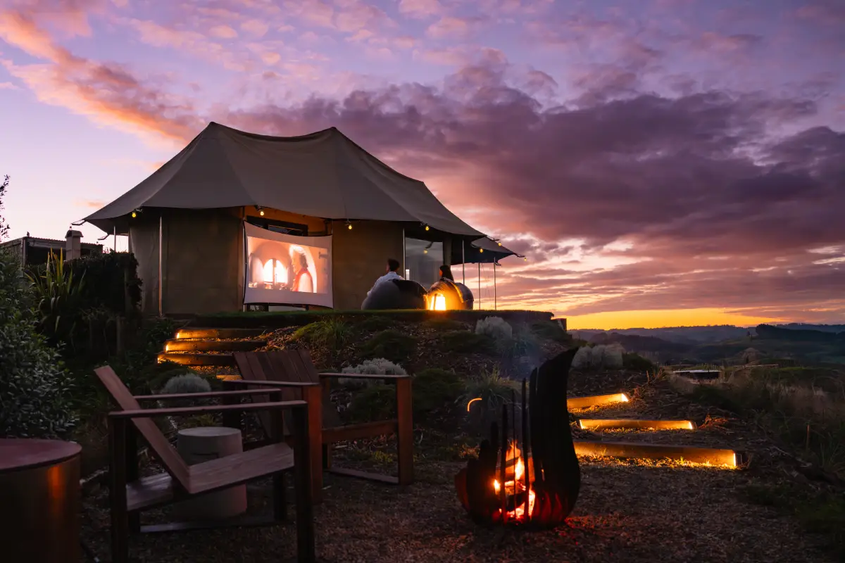 Kōwhai Tent interior with panoramic Waitomo views