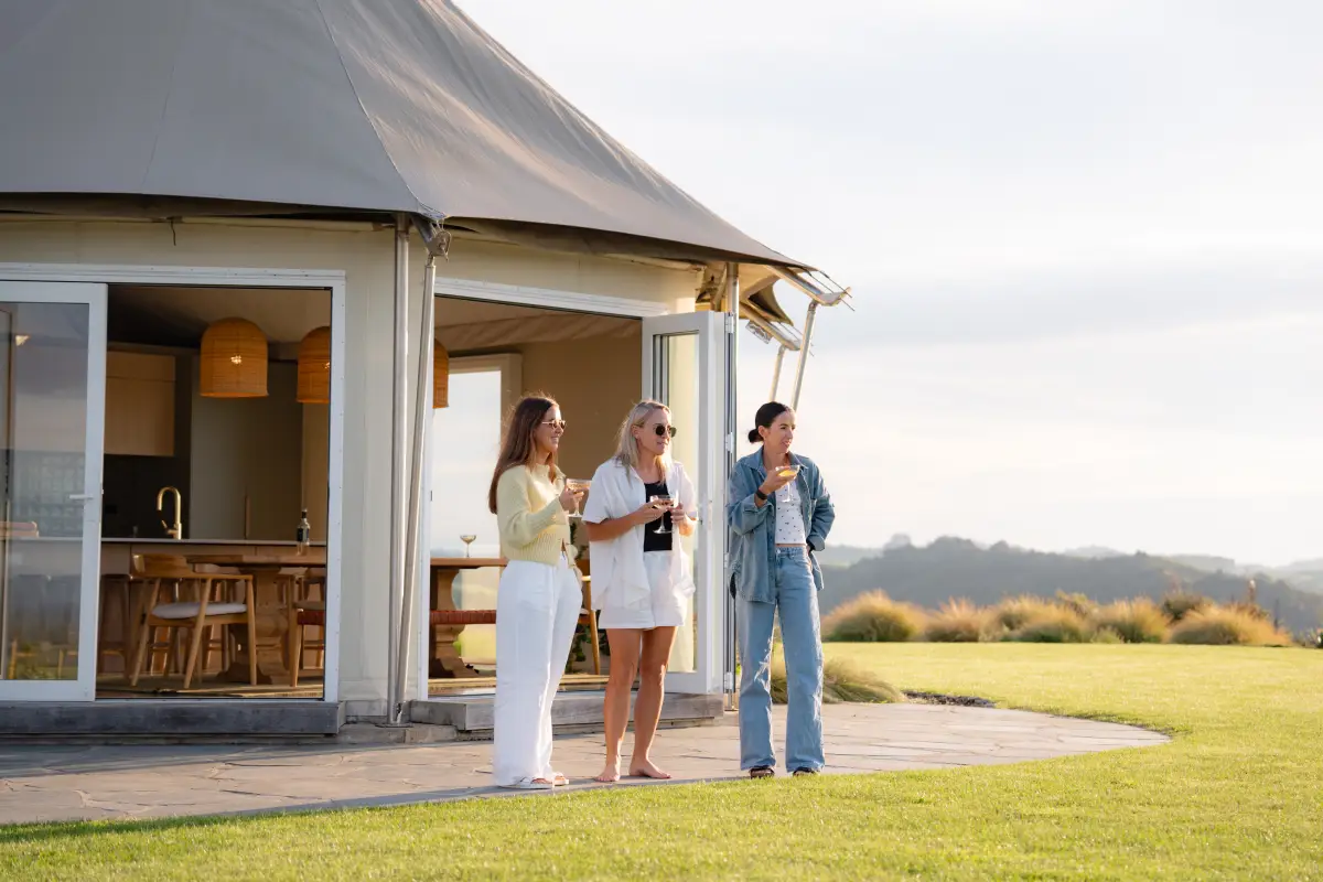 Guests arriving and settling in at Pōhutukawa Tent, Wild Canvas Waitomo