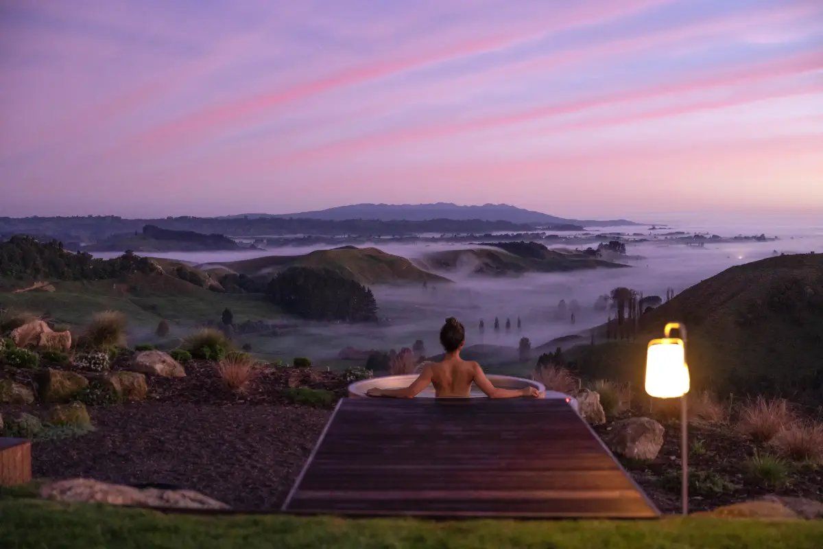 Pōhutukawa Tent outdoor pizza oven and group dining on the hilltop, Waitomo