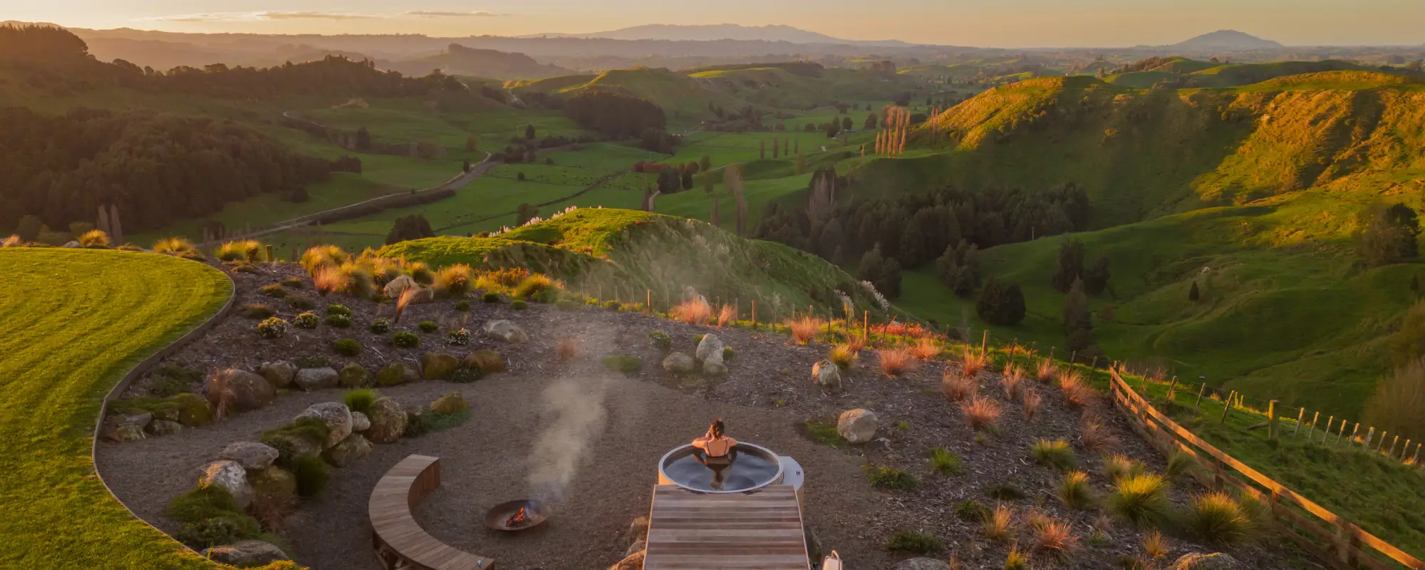 Waitomo glamping cedar hot tub aerial views Wild Canvas